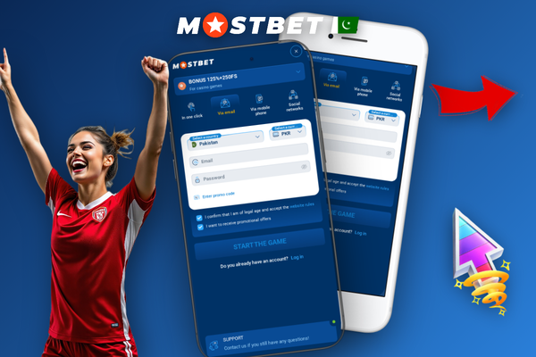 Mostbet login and registration form on mobile app with PKR currency dropdown for Pakistan players