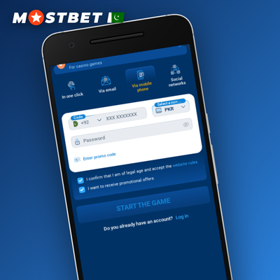 Mostbet one-click registration tile with PKR currency selector for Pakistan